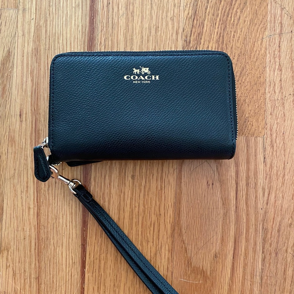 Black leather coach wallet wristlet